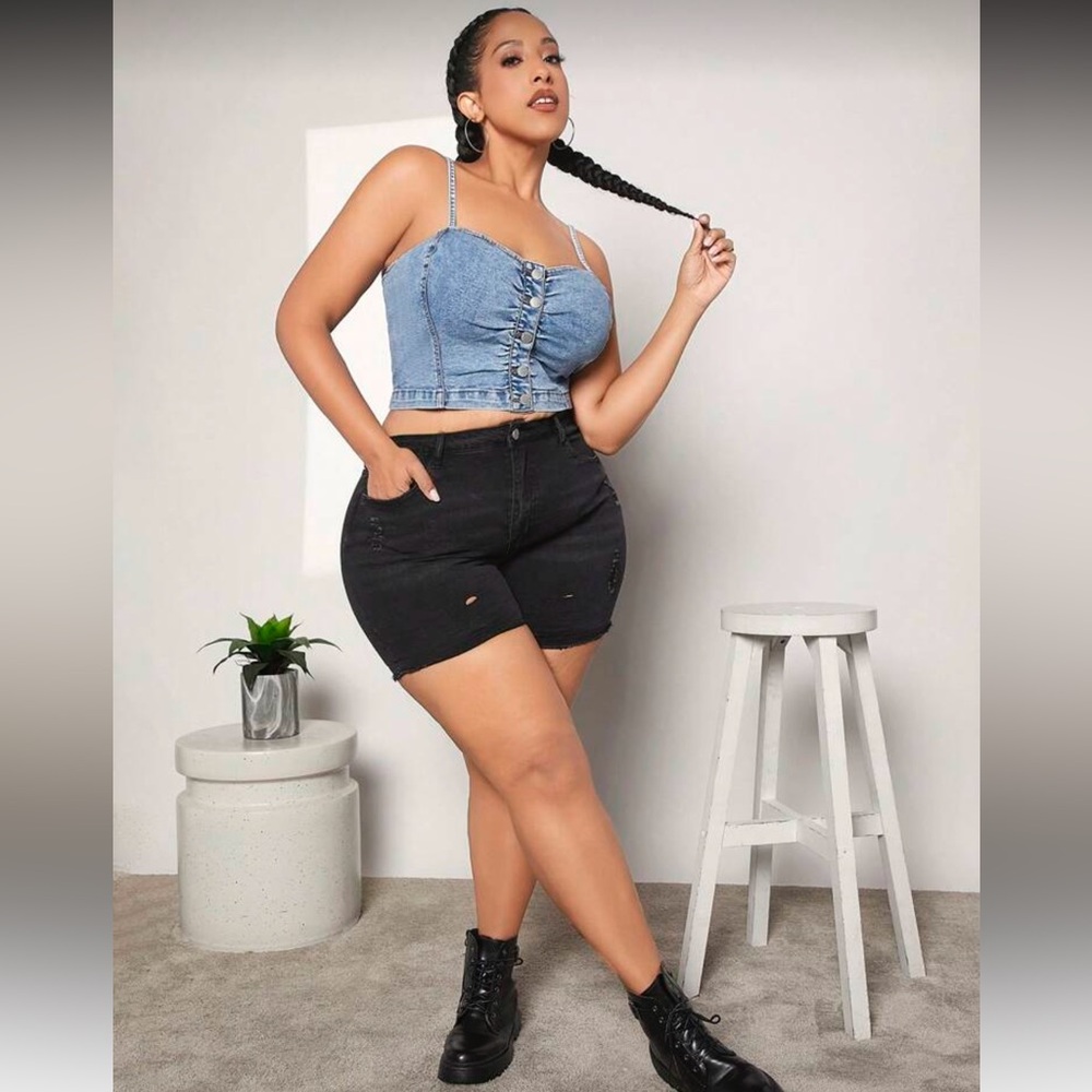 Women's Plus Size Denim corset Sleeveless Cami Crop Top - Picture 3 of 7